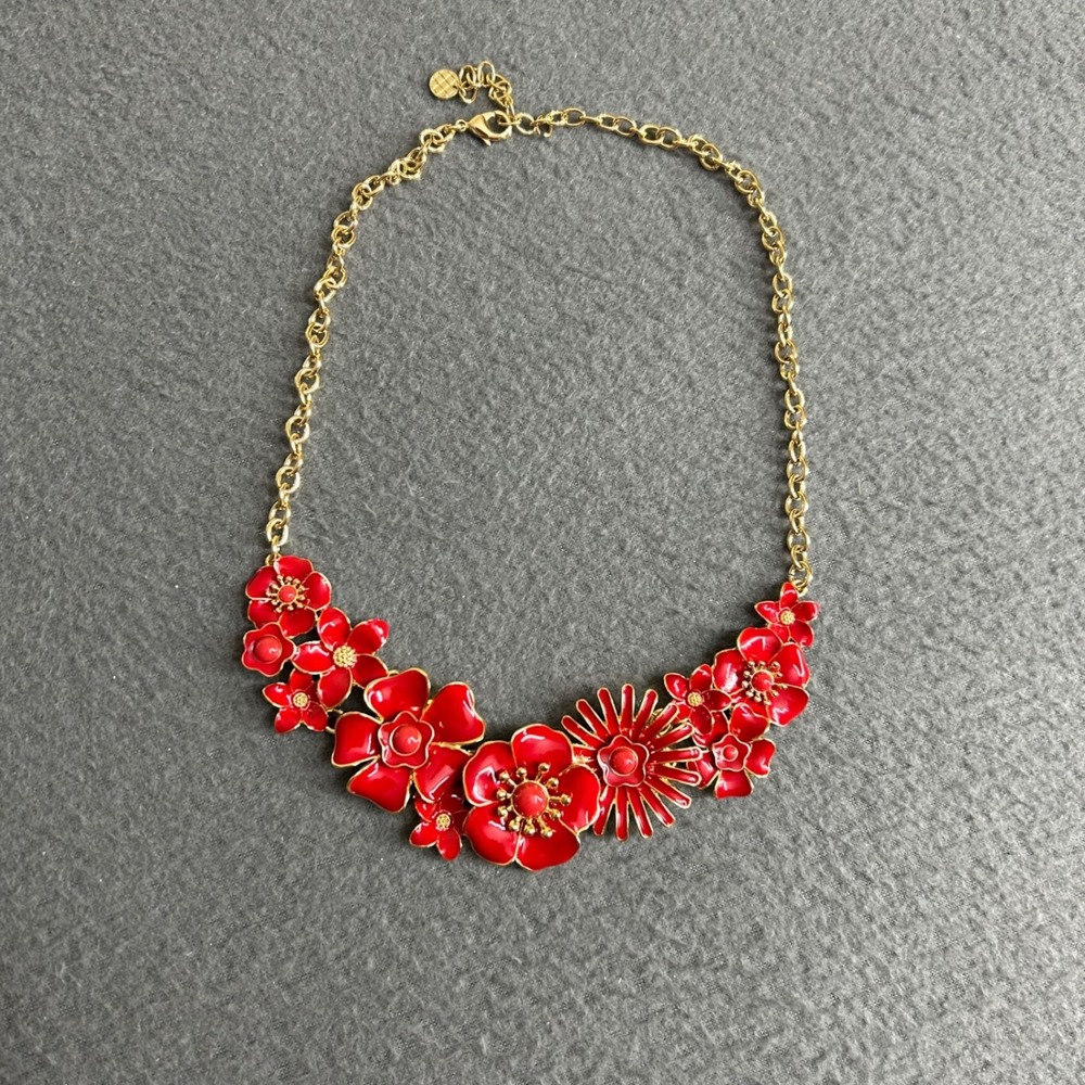 J.Crew Necklace Women OS Red Enamel Floral Bib Statement Gold Tone Chain Floral